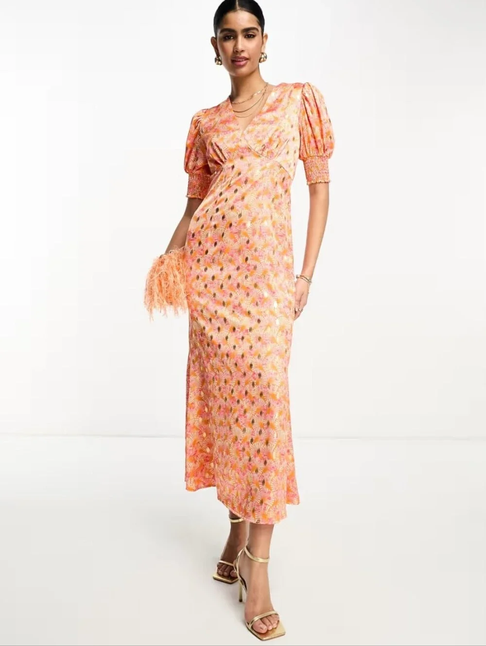 Never Fully Dressed Orange Gold Shell May Midi Dress - Picture 2 of 6